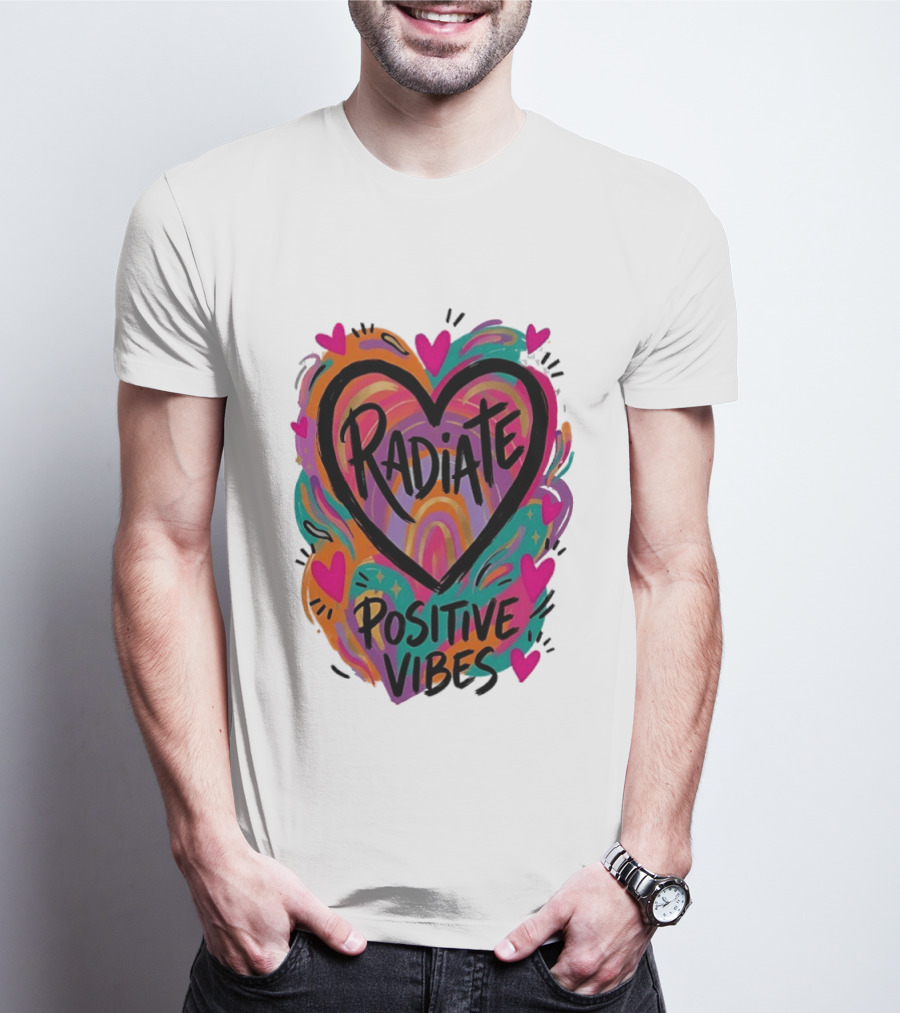 Radiate Positive Vibes Colorful Heart Shape T-Shirt