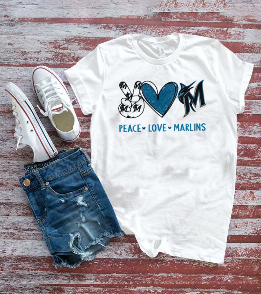 Peace Love Miami Marlins Hand Sign Heart Shape T-Shirt