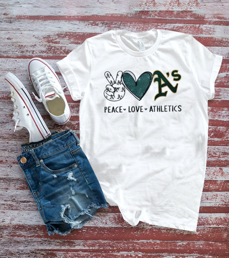 Peace Love Oakland Athletics Hand Sign Heart Shape A's T-Shirt