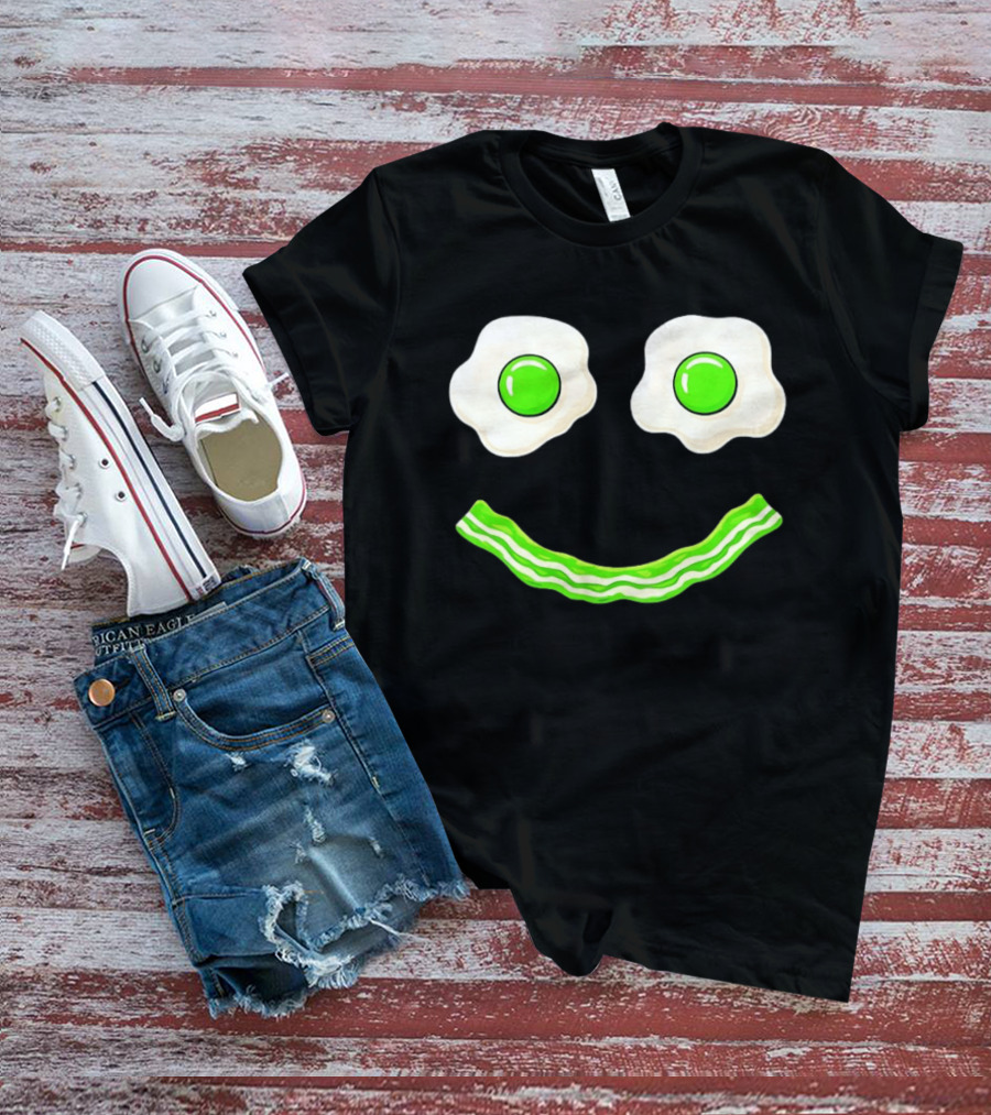 Green Smile Face Eggs And Bacon Ham Breakfast Fun Food Expression T-Shirt