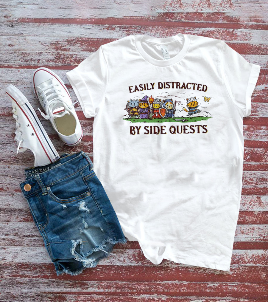 Easily Distracted By Side Quests Cats In Fantasy Costumes T-Shirt