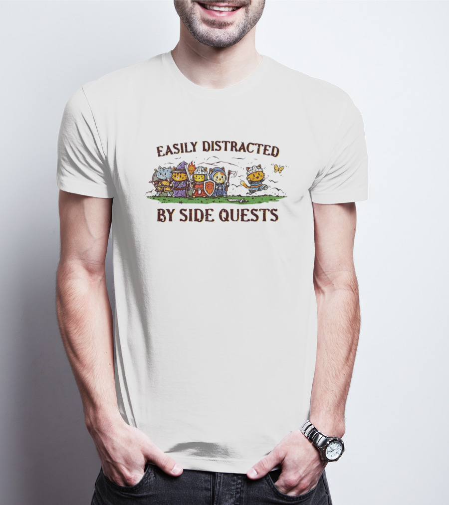 Easily Distracted By Side Quests Cats In Fantasy Costumes T-Shirt