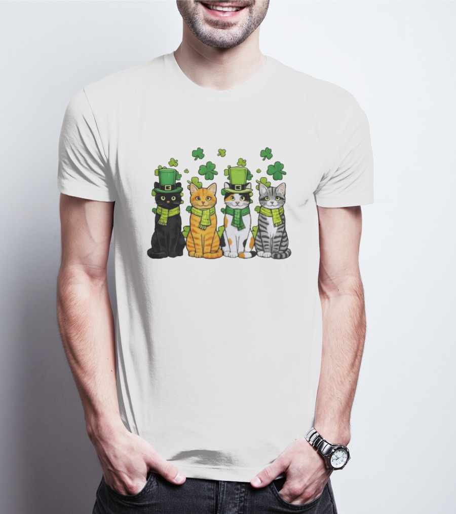 St Catrick's Day Black Cat Orange Tabby Cat Calico Cat And Gray Tabby Cat With Shamrocks And Green St Patrick's Hats T-Shirt