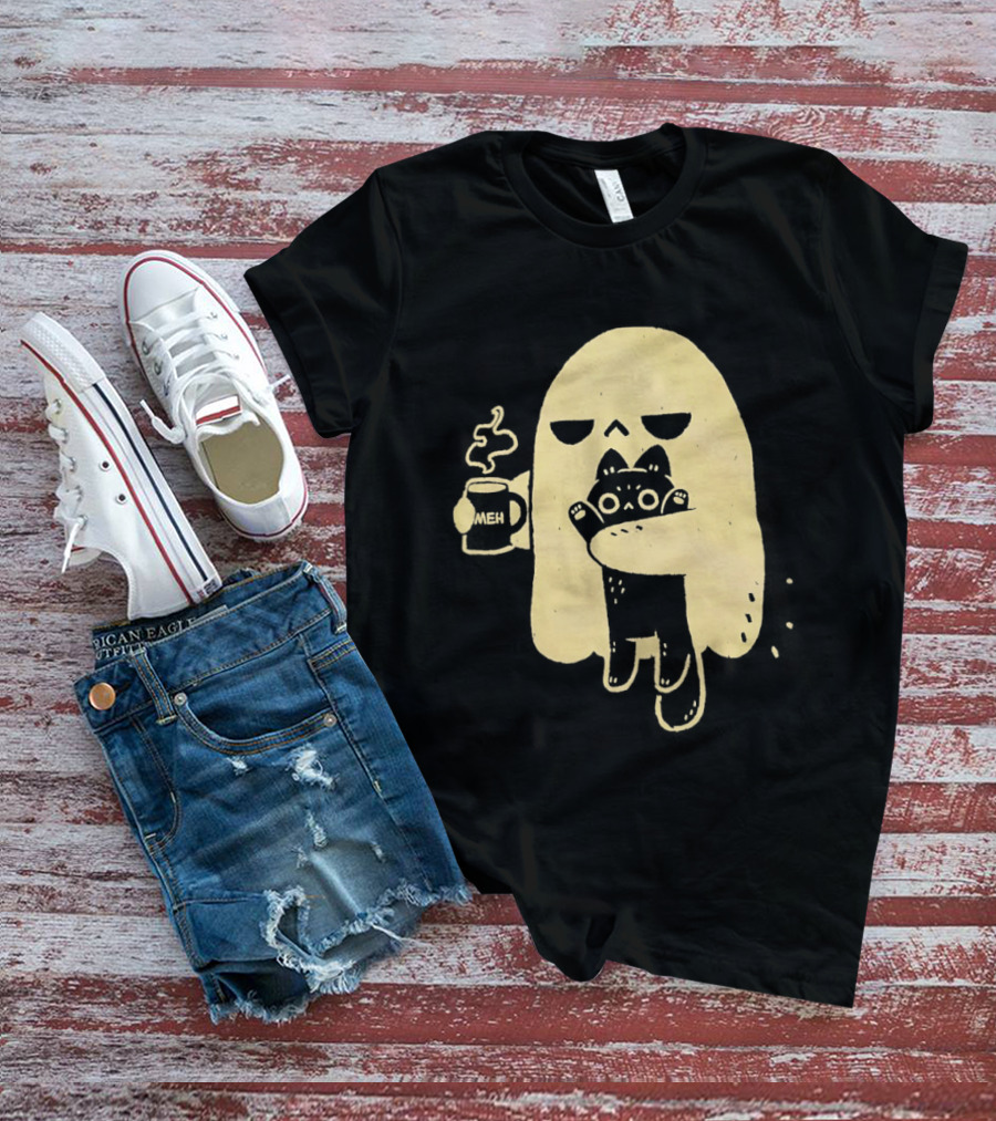 Ghost With Cat And Coffee Cup T-Shirt