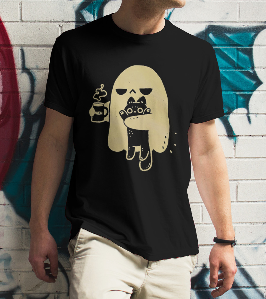 Ghost With Cat And Coffee Cup T-Shirt