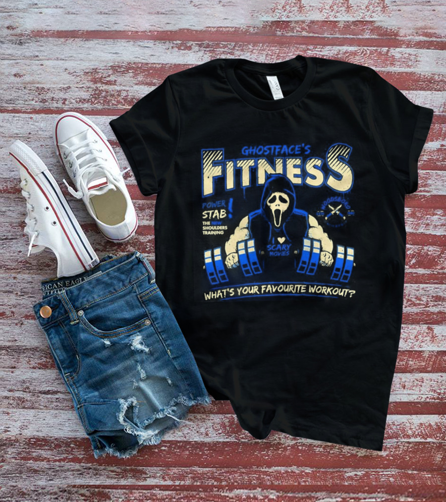Ghostface Fitness What's Your Favorite Workout Power Stab Shoulder Training T-Shirt