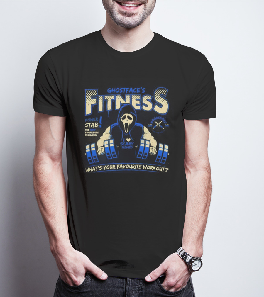Ghostface Fitness What's Your Favorite Workout Power Stab Shoulder Training T-Shirt