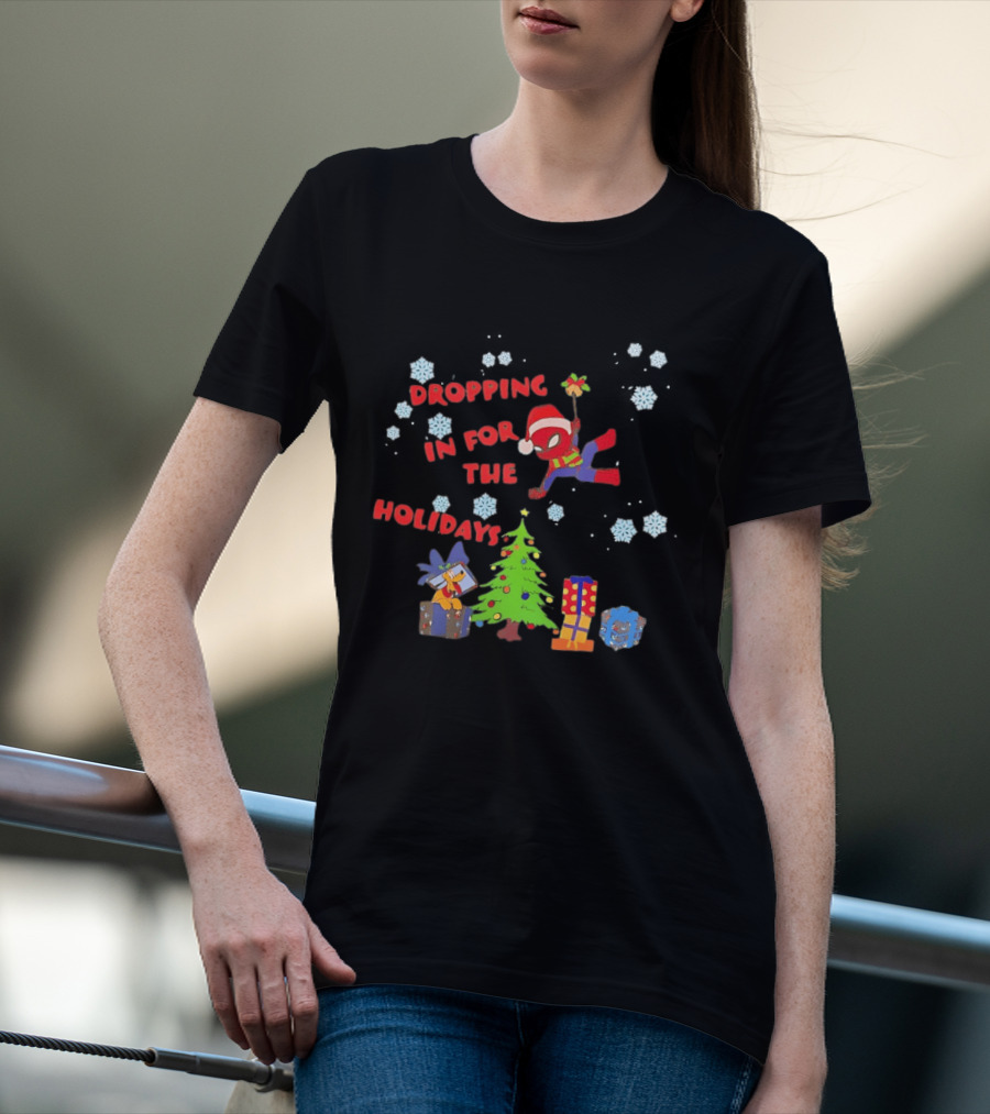 Spider Man Dropping In For The Holidays Christmas Tree Presents Snowflakes T-Shirt