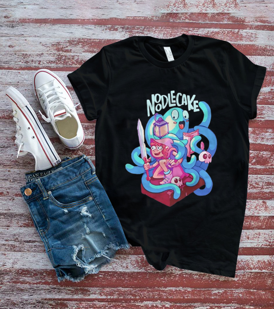 Noodlecake Cartoon Adventurer And Ghost With Sword And Skulls T-Shirt