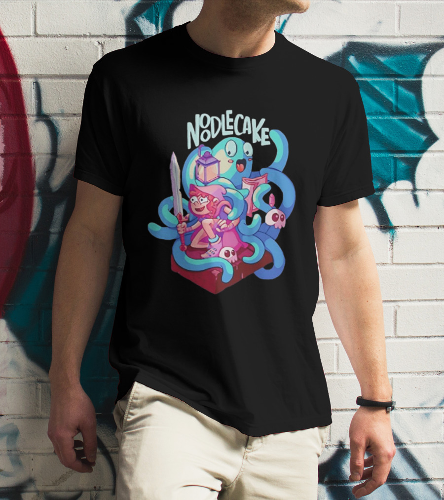 Noodlecake Cartoon Adventurer And Ghost With Sword And Skulls T-Shirt