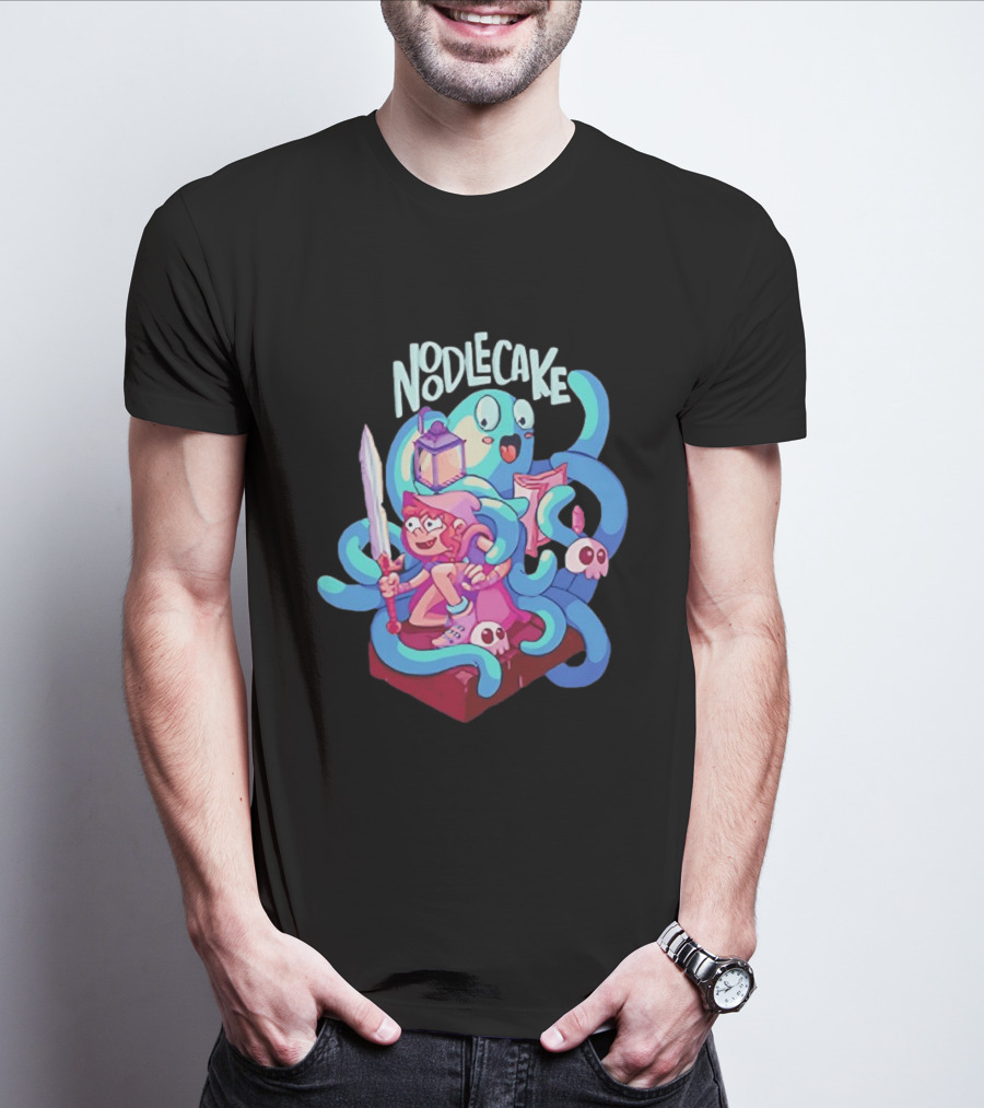 Noodlecake Cartoon Adventurer And Ghost With Sword And Skulls T-Shirt