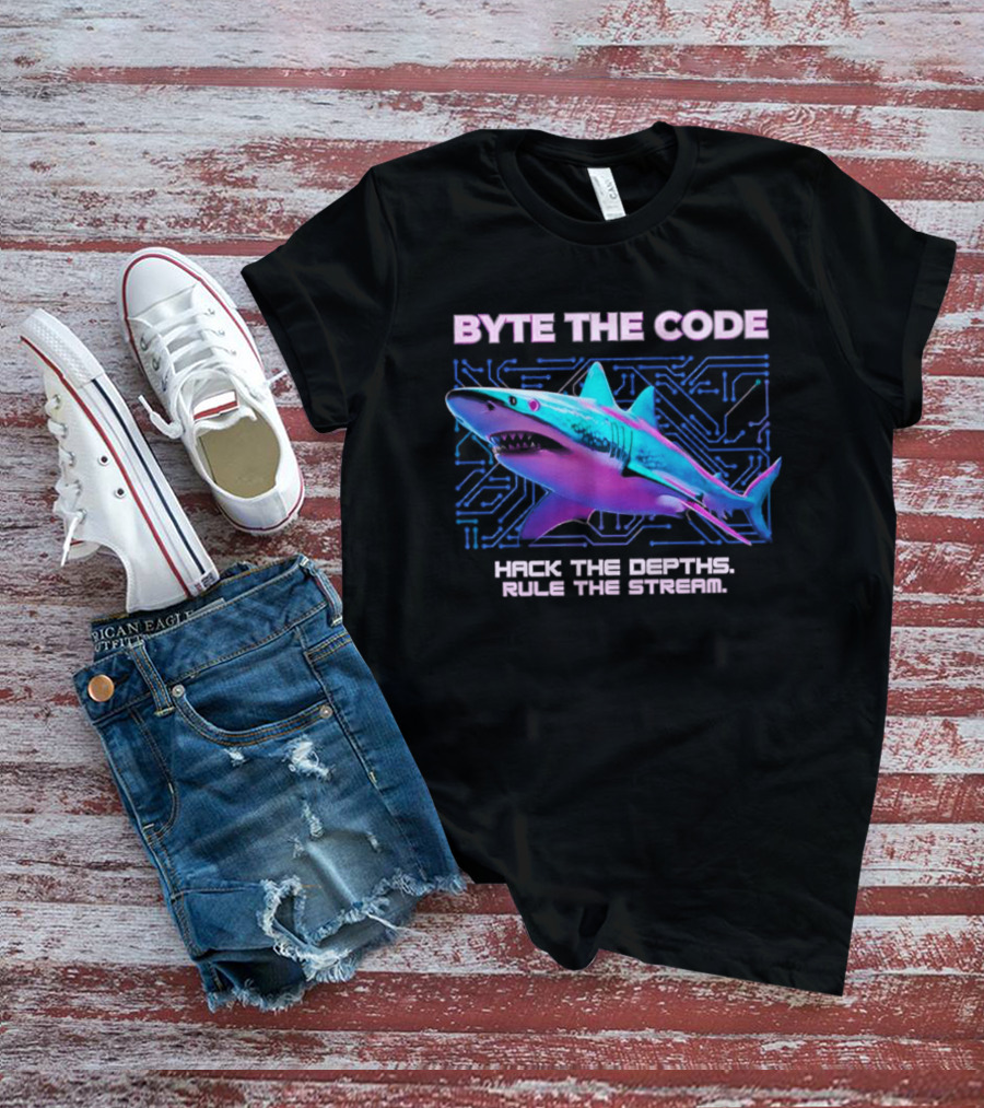 Byte The Code Hack The Depths Rule The Stream Cyberpunk Shark T-Shirt
