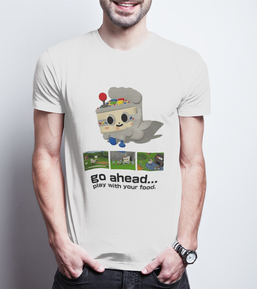 Go Ahead Play With Your Food Fun Cake Character Adventure Scenes T-Shirt