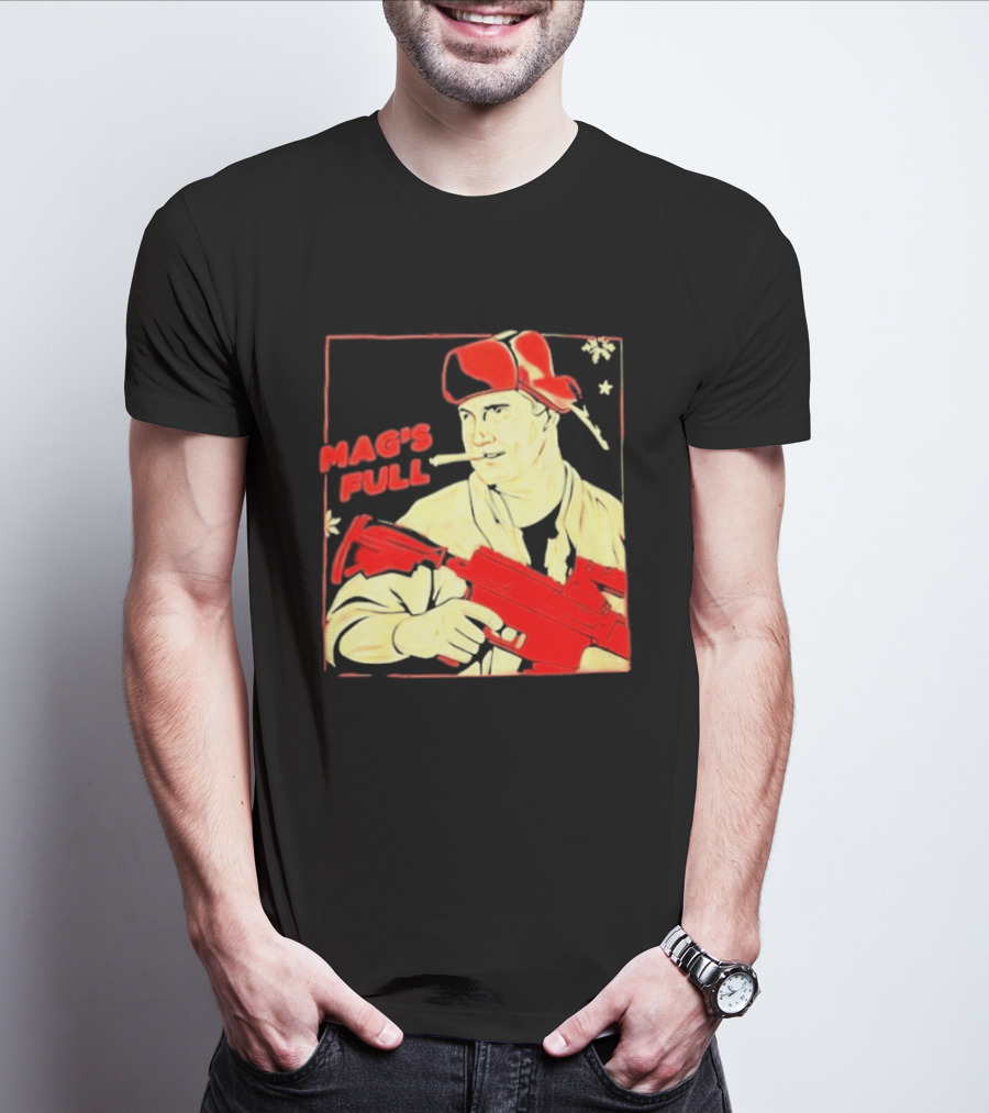 Mag's Full Armed Character With Red Cap And Gun T-Shirt
