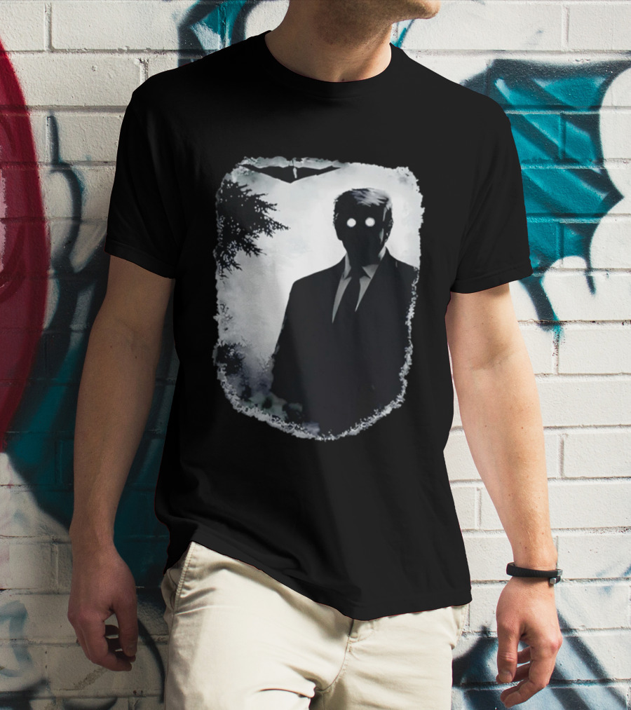 Dark Shadow Figure Mysterious Silhouette Trump Eerie Woods Cloaked Eyes T-Shirt