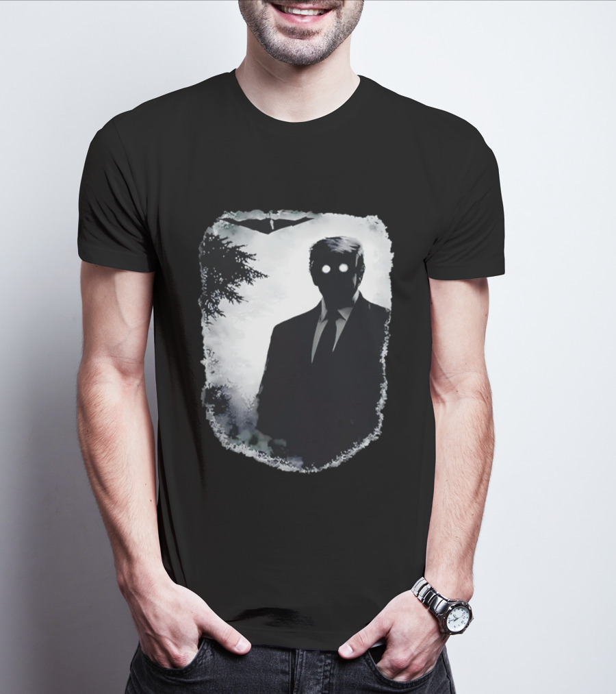Dark Shadow Figure Mysterious Silhouette Trump Eerie Woods Cloaked Eyes T-Shirt