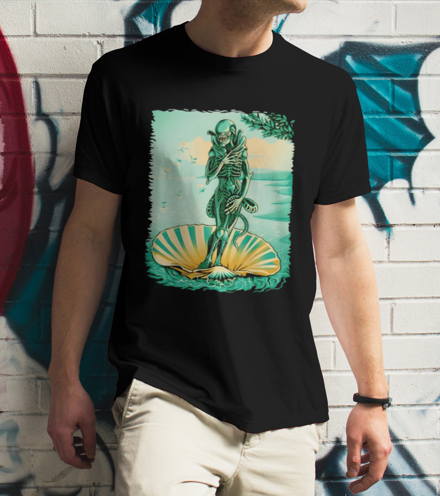 Alien Seated On Seashell The Birth Of Alienus Fusion Renaissance T-Shirt