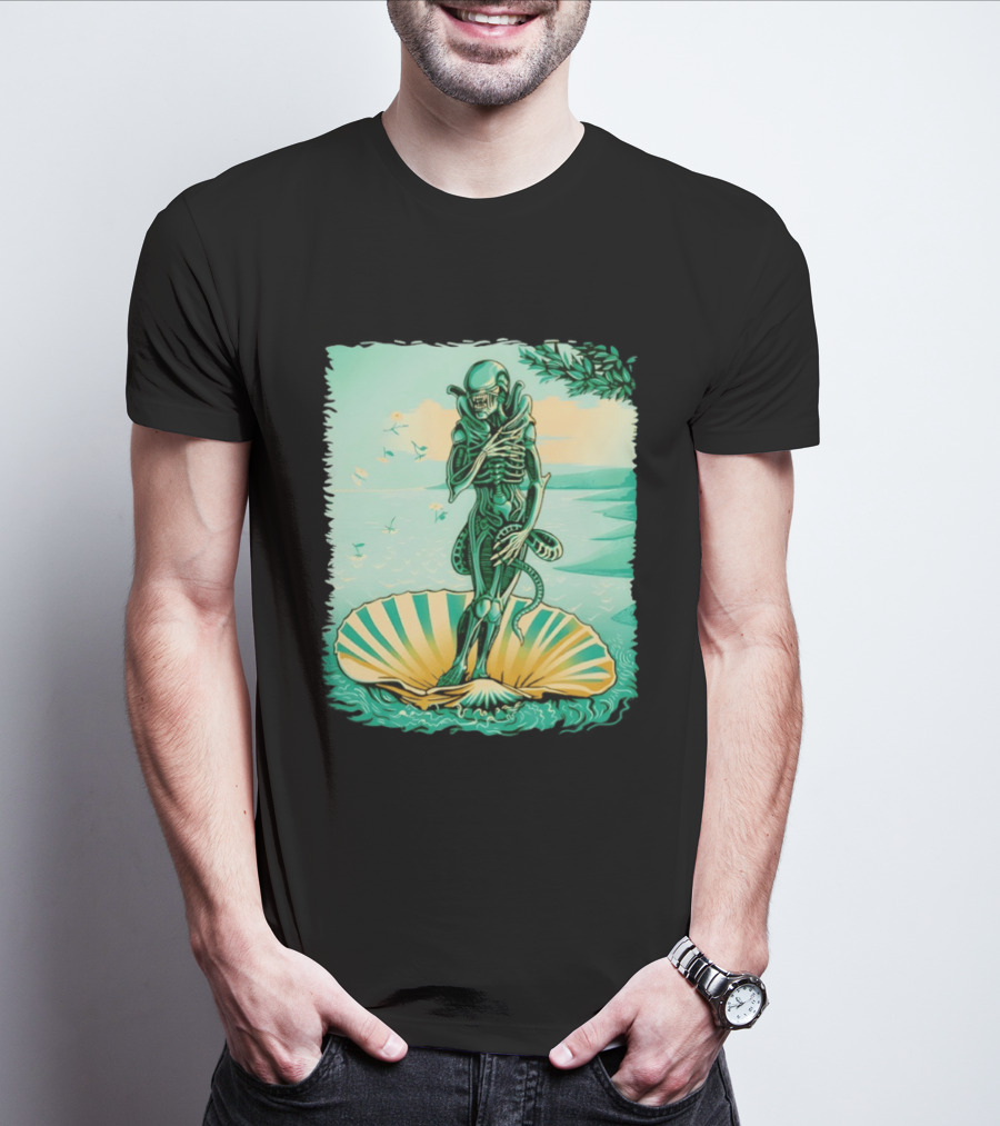 Alien Seated On Seashell The Birth Of Alienus Fusion Renaissance T-Shirt