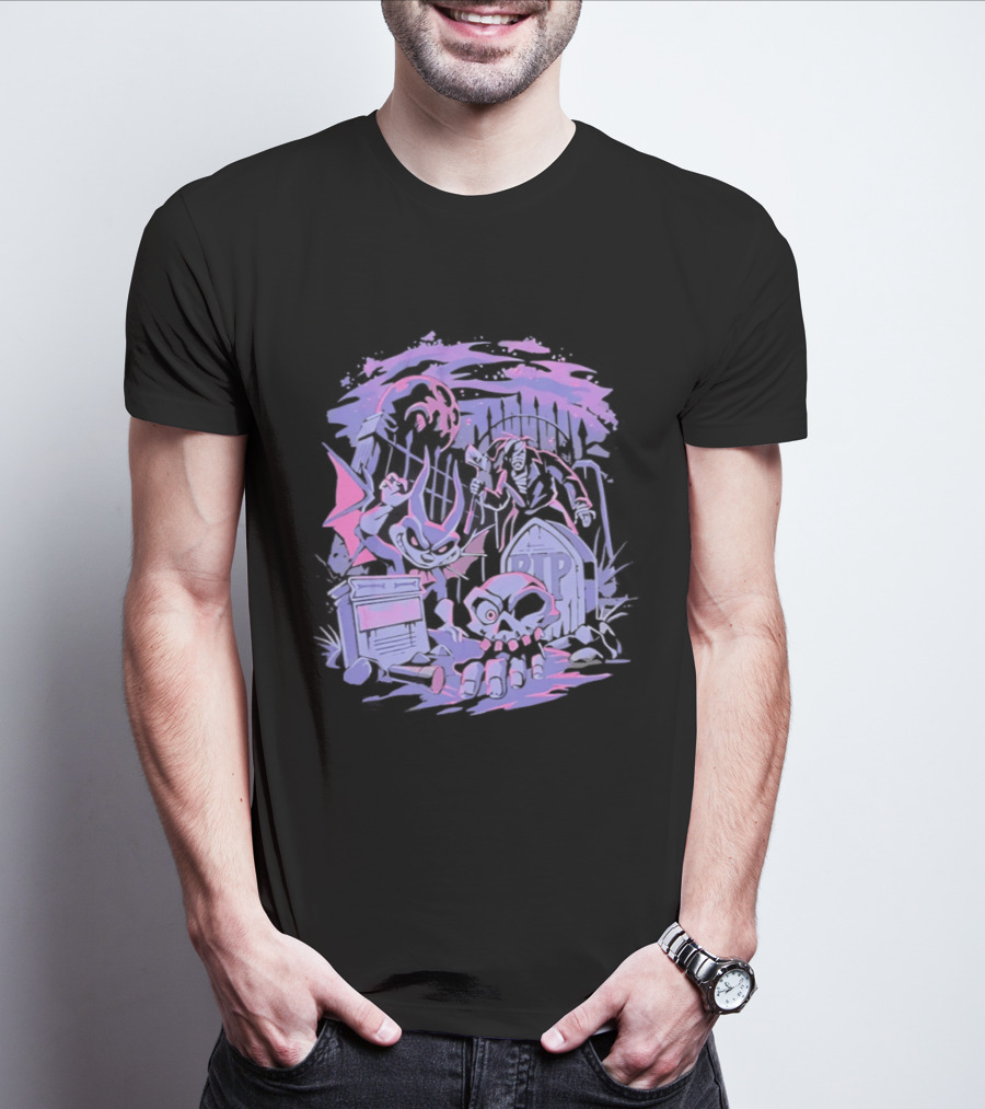 Jersey Devil Moonlit Cemetery Scene RIP Tombstone Ghostly Atmosphere T-Shirt