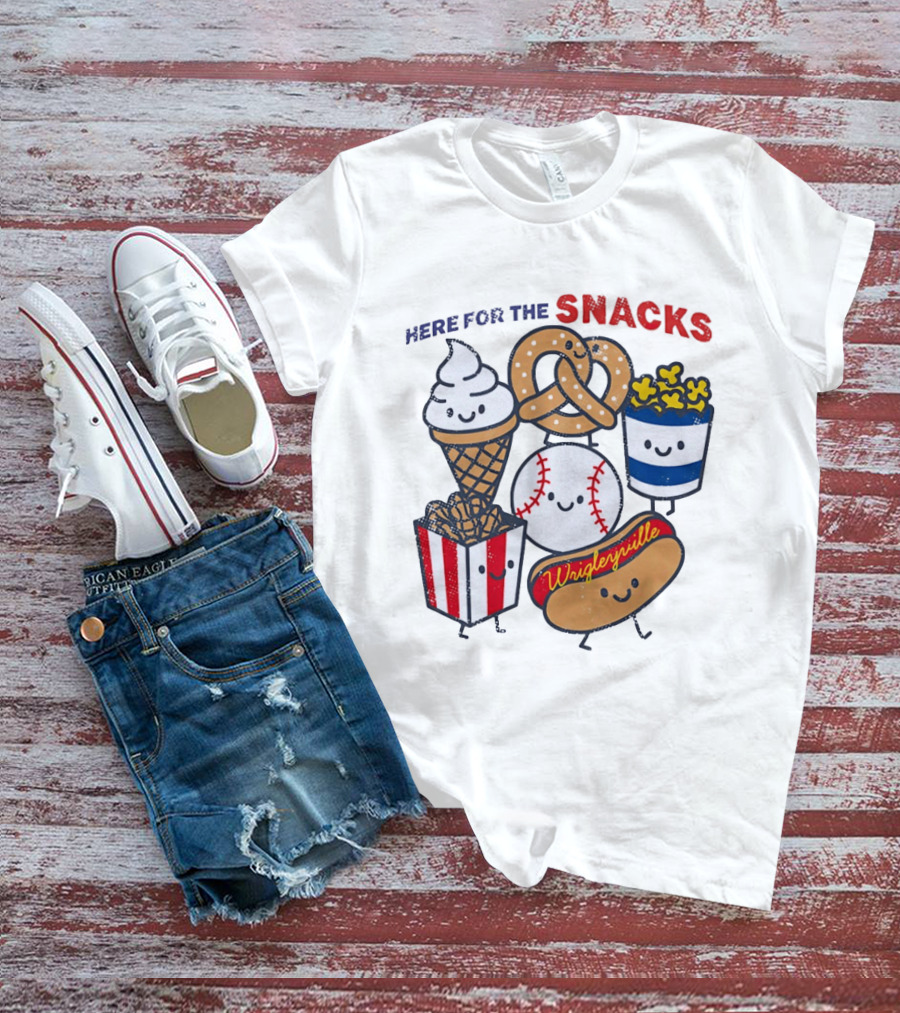Here For The Snacks Wrigleyville Baseball Ice Cream Popcorn Hotdog Pretzel T-Shirt