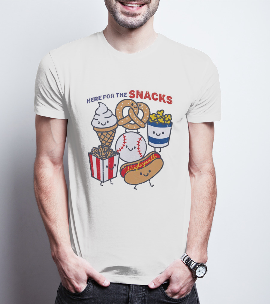 Here For The Snacks Wrigleyville Baseball Ice Cream Popcorn Hotdog Pretzel T-Shirt