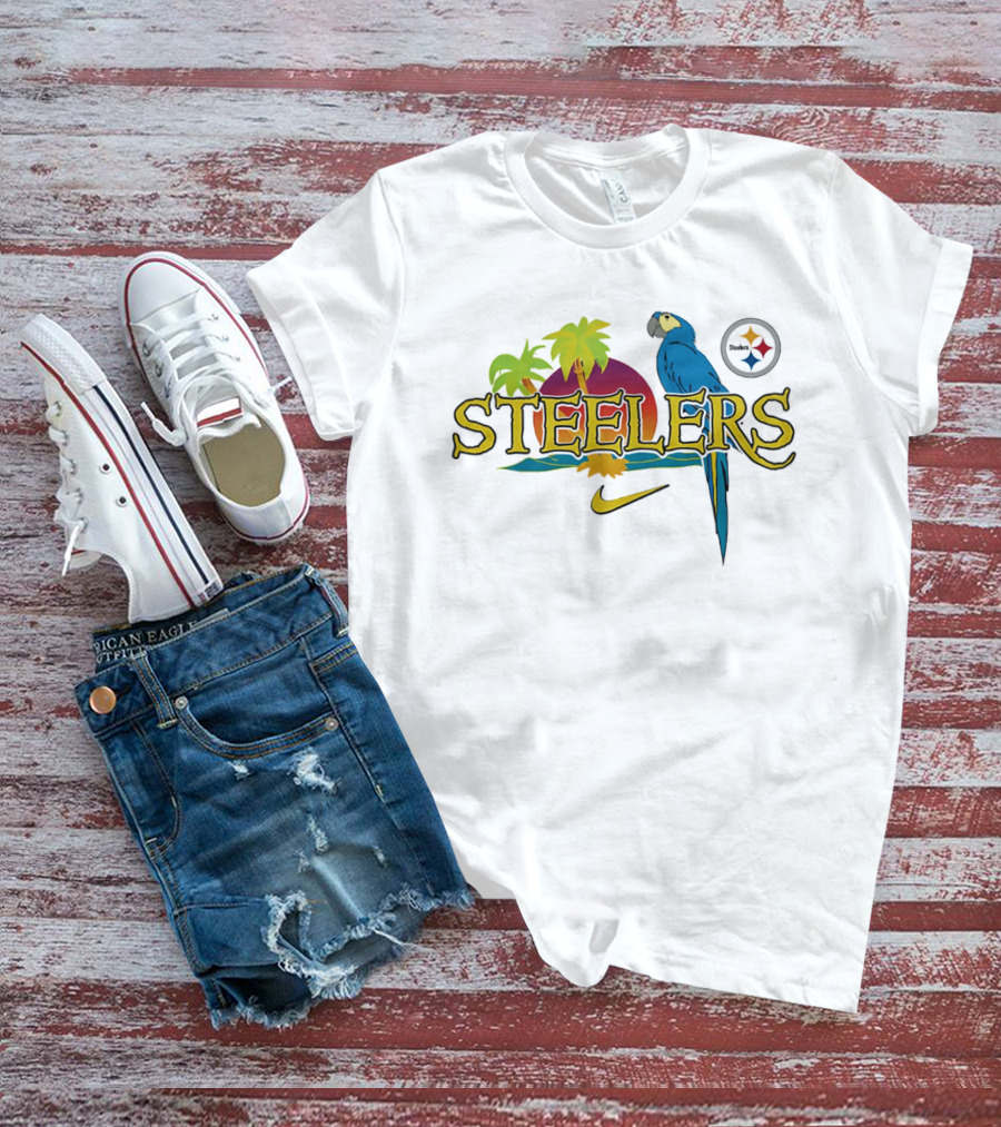Pittsburgh Steelers Tropical Parrot Palm Trees Sunset It's 5 O' Somewhere T-Shirt