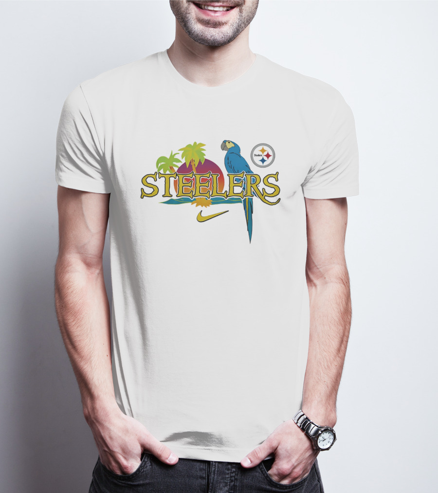 Pittsburgh Steelers Tropical Parrot Palm Trees Sunset It's 5 O' Somewhere T-Shirt