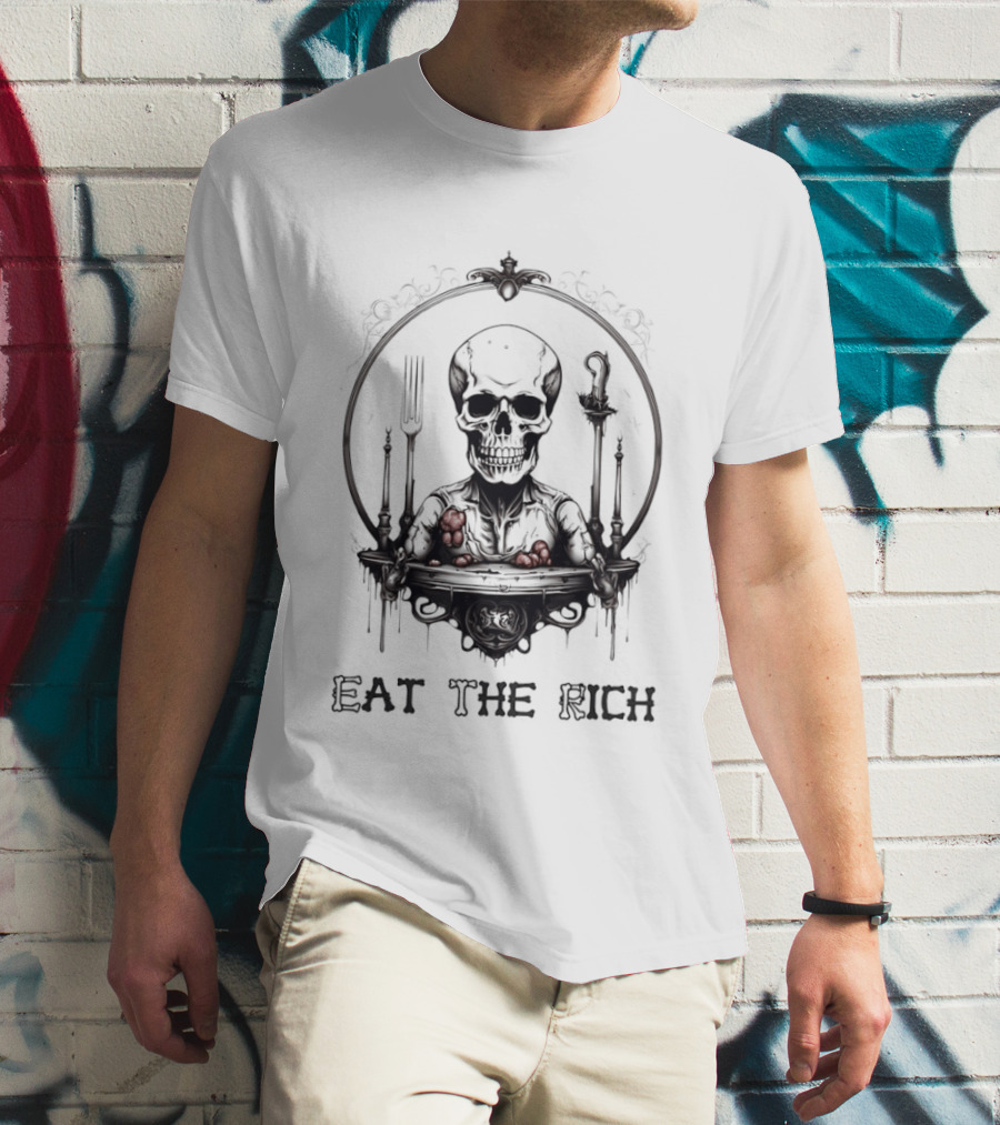 Skeleton Eat The Rich Gothic Skeleton With Cutlery Noir T-Shirt