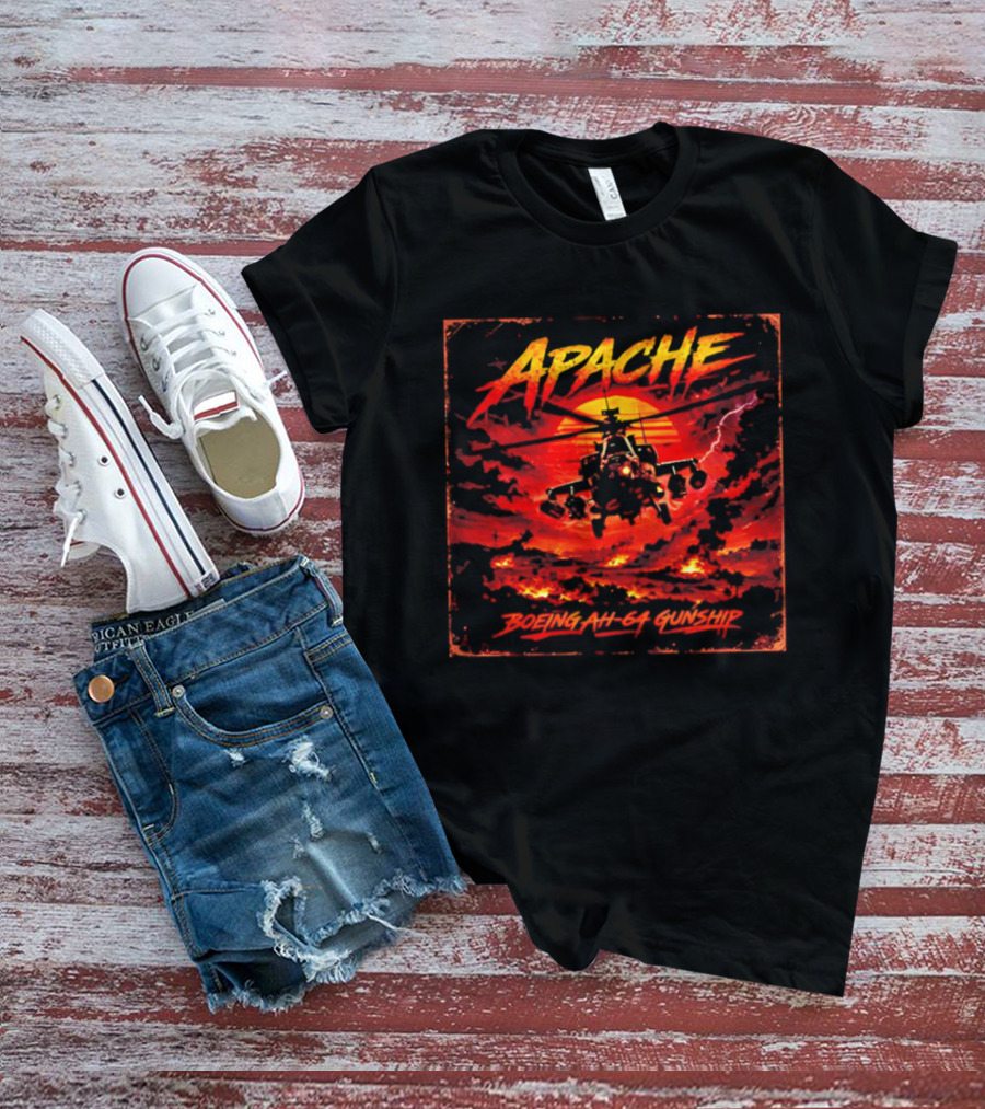 Apache Boeing AH 64 Gunship Sunset Storm Scene T-Shirt