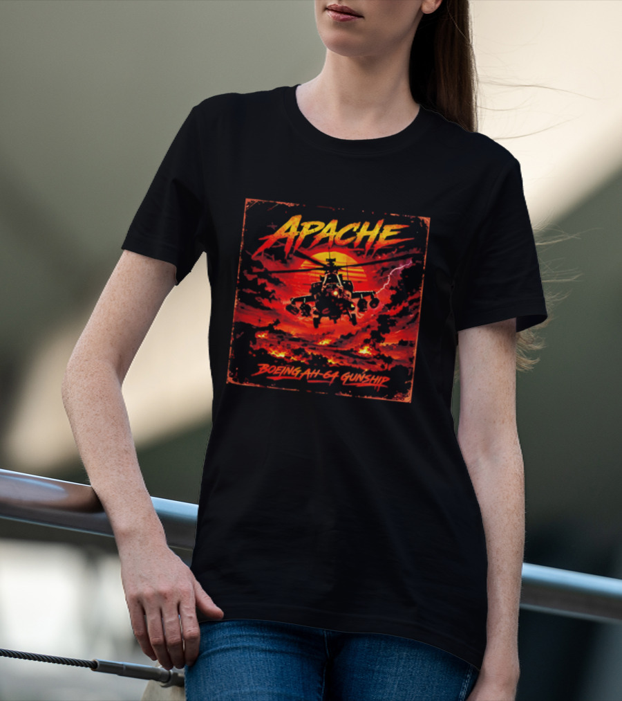 Apache Boeing AH 64 Gunship Sunset Storm Scene T-Shirt
