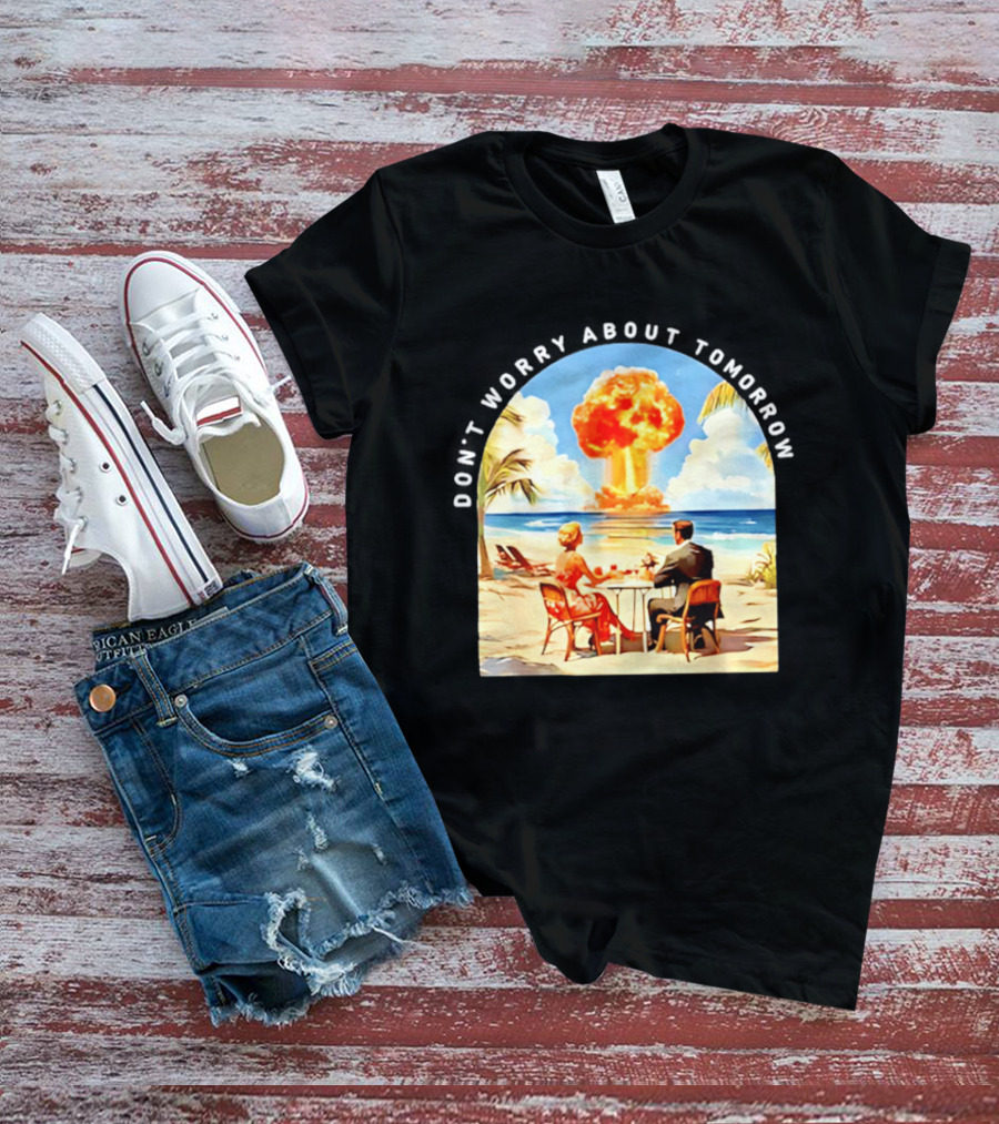 Don't Worry About Tomorrow Matthew 6 34 Atomic Age Retro Beach Explosion T-Shirt