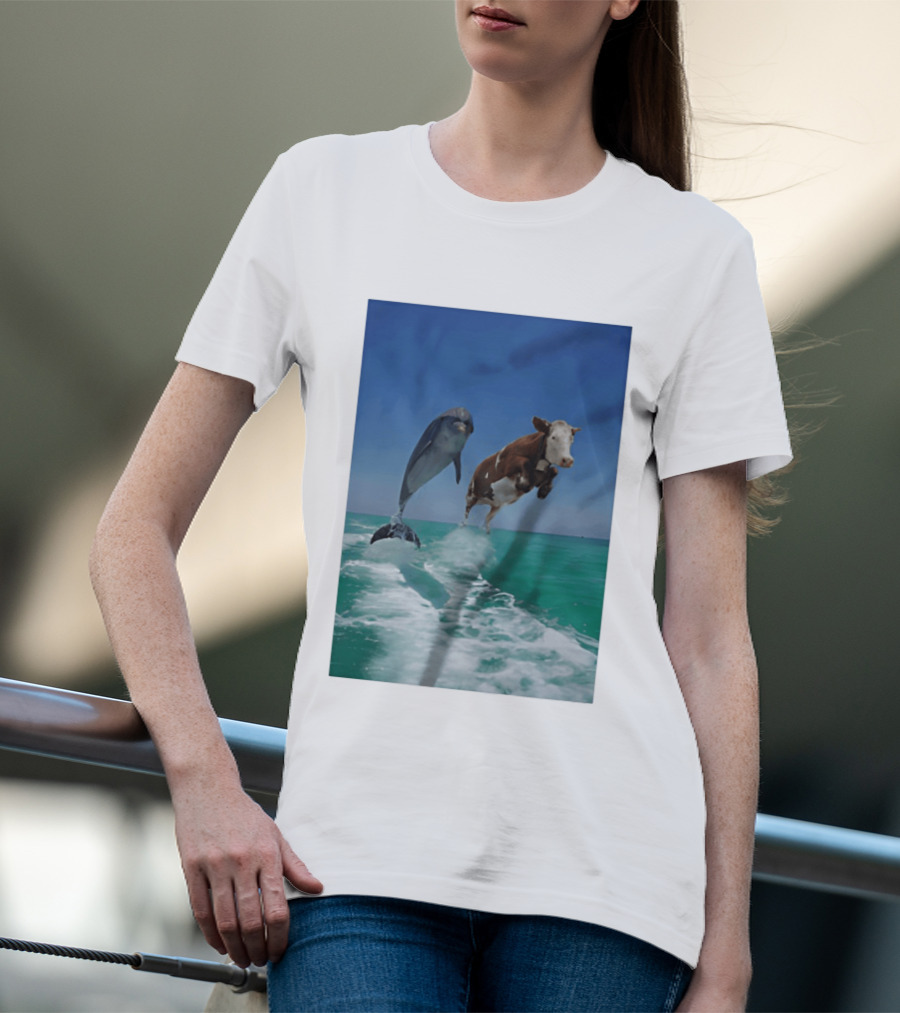 Cow And Dolphin Jumping Out Of Water Ocean Adventure T-Shirt
