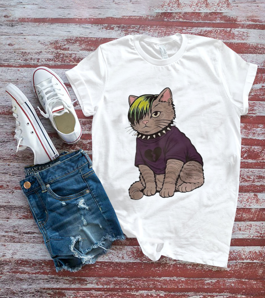 Emo Scene Cat With Heart Break Symbol And Spiked Collar T-Shirt