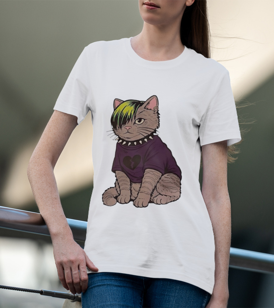 Emo Scene Cat With Heart Break Symbol And Spiked Collar T-Shirt
