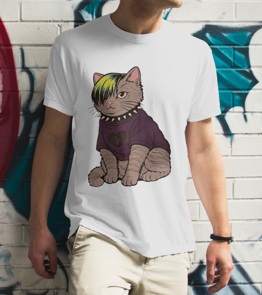 Emo Scene Cat With Heart Break Symbol And Spiked Collar T-Shirt
