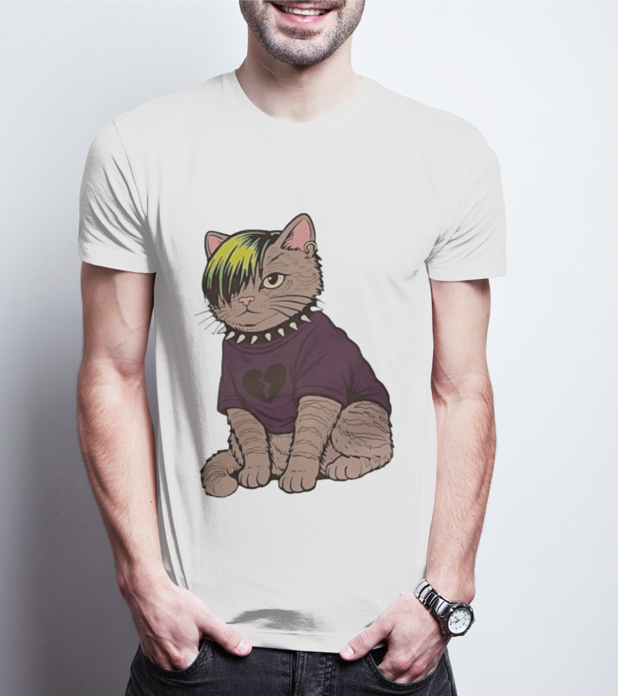 Emo Scene Cat With Heart Break Symbol And Spiked Collar T-Shirt