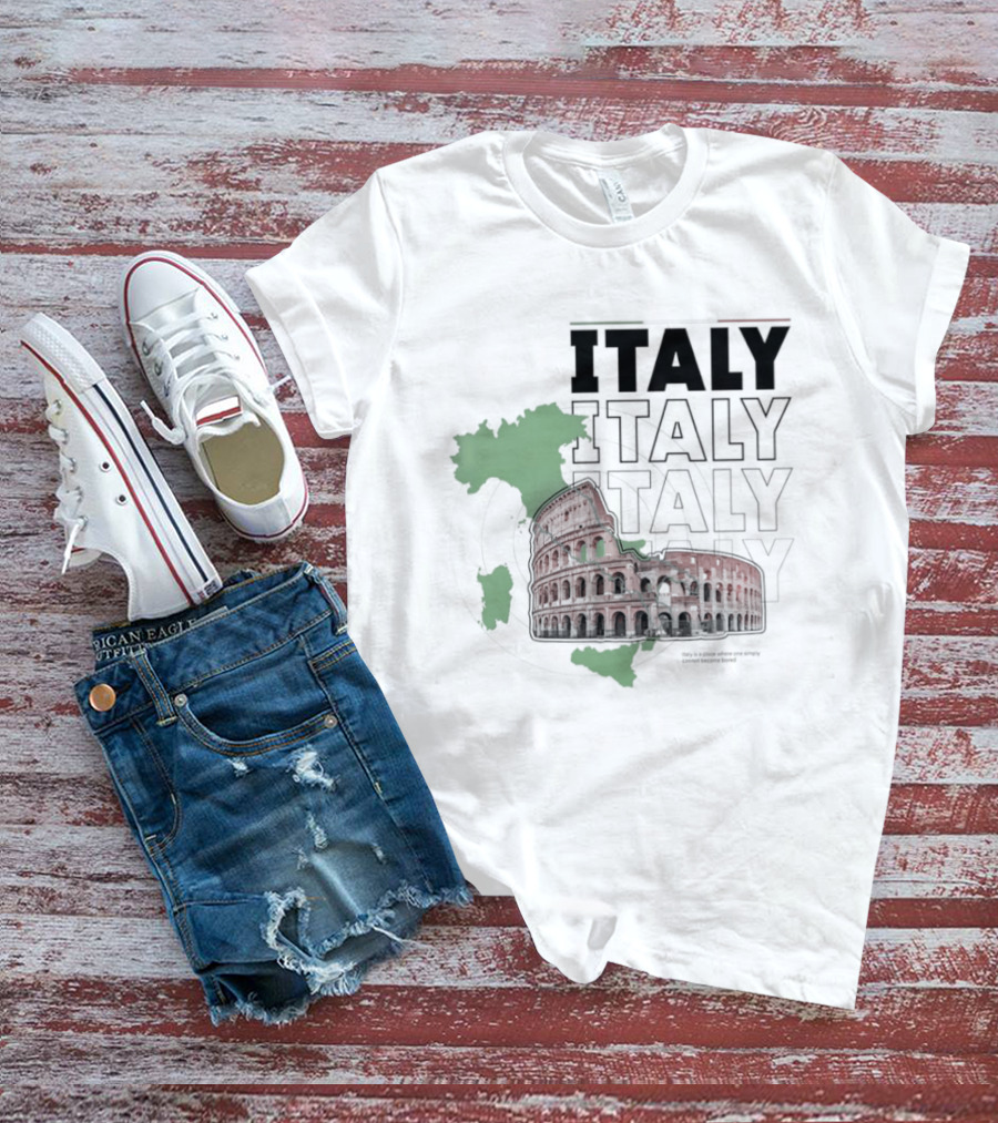 Italy Map And Colosseum Iconic Landmarks Text Heavy Exploration T-Shirt