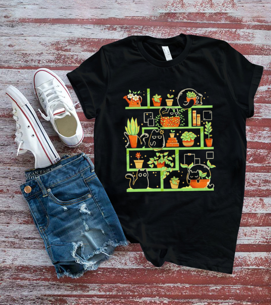 Kitten Garden Shelving With Plants And Teapots T-Shirt