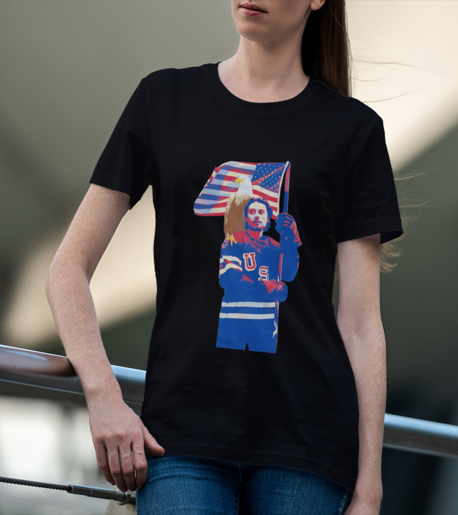 USA Hockey Jack Hughes American Flag Bald Eagle T-Shirt