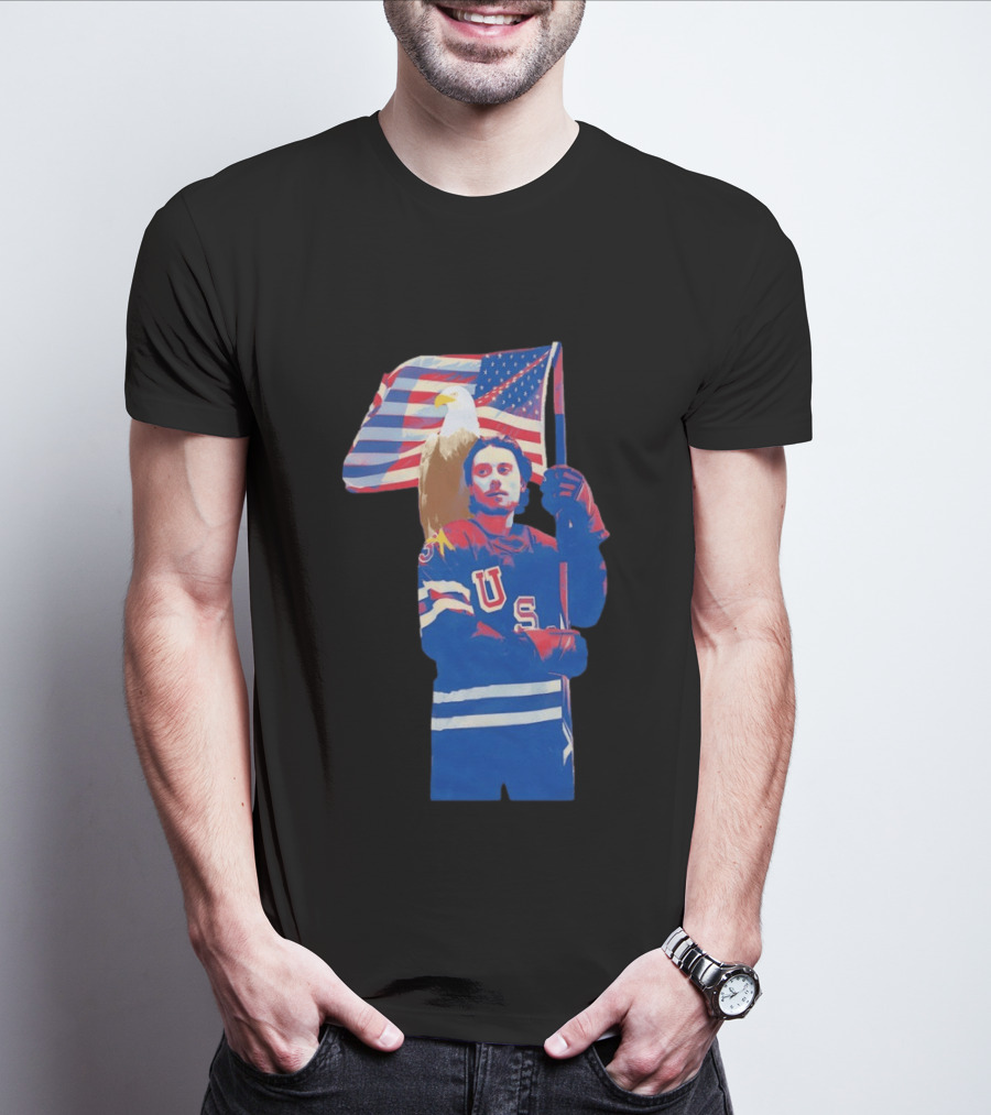 USA Hockey Jack Hughes American Flag Bald Eagle T-Shirt