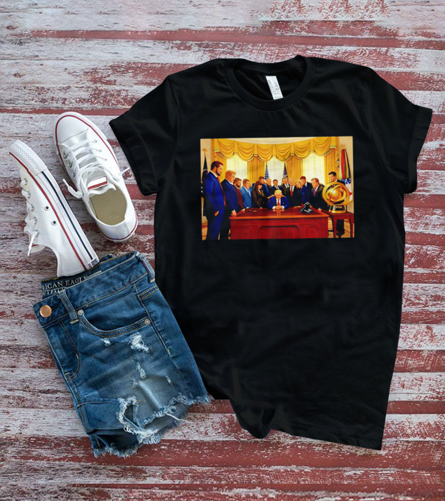Oval Office Prayer Gathering Trump Anime Style Amid Iran Tensions T-Shirt