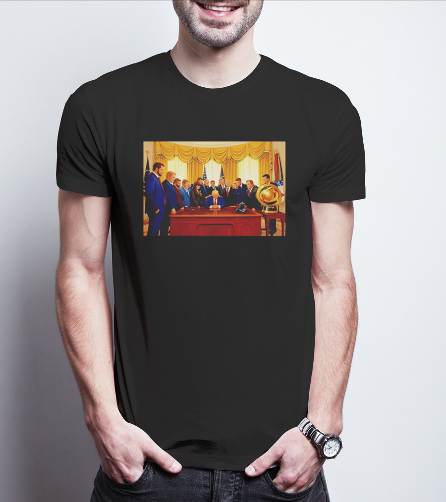 Oval Office Prayer Gathering Trump Anime Style Amid Iran Tensions T-Shirt