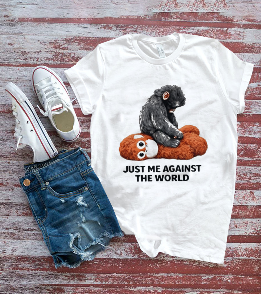 JUST ME AGAINST THE WORLD Gorilla Plush Toy Sitting On Panda T-Shirt