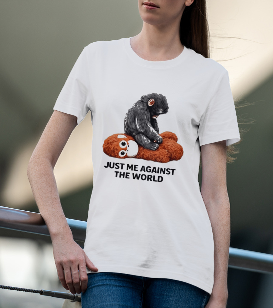 JUST ME AGAINST THE WORLD Gorilla Plush Toy Sitting On Panda T-Shirt