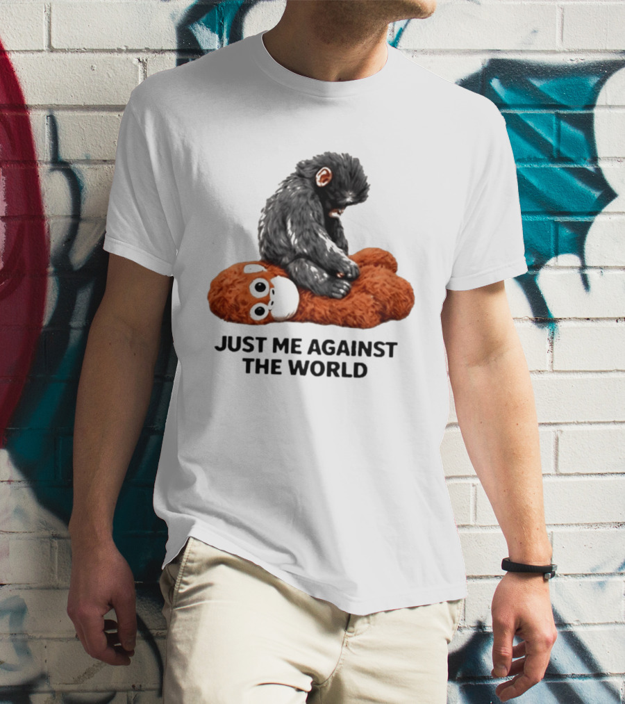 JUST ME AGAINST THE WORLD Gorilla Plush Toy Sitting On Panda T-Shirt