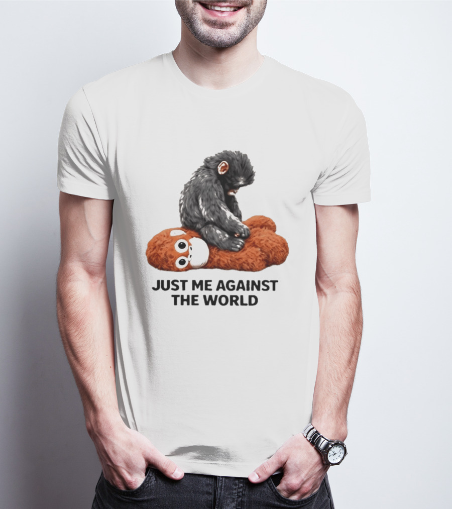 JUST ME AGAINST THE WORLD Gorilla Plush Toy Sitting On Panda T-Shirt