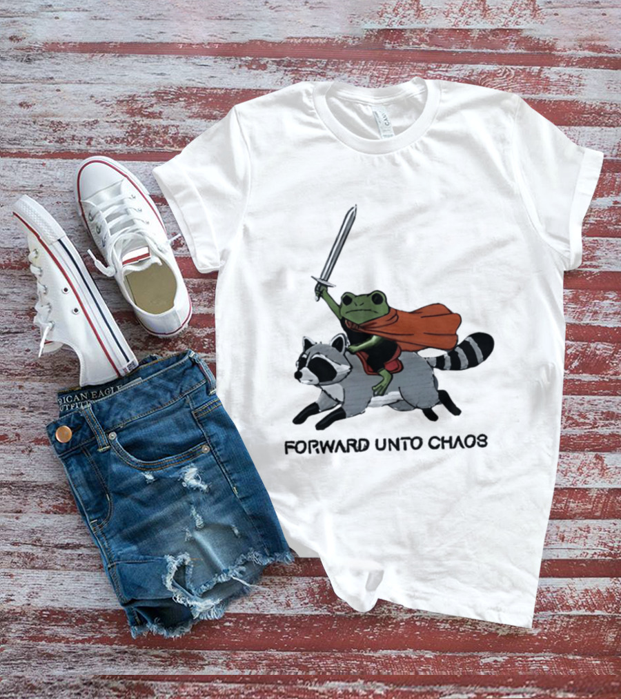Embroidered Sword Wielding Frog Riding Raccoon Forward Unto Chaos T-Shirt