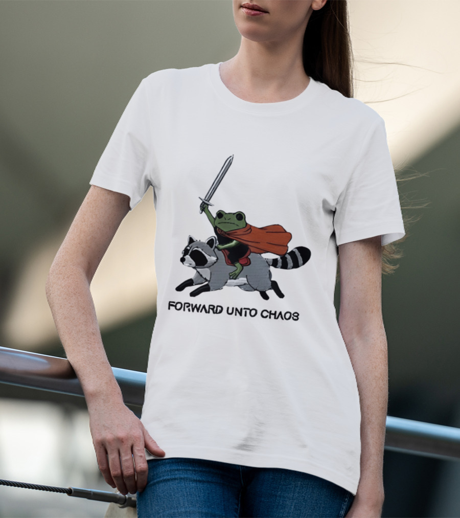 Embroidered Sword Wielding Frog Riding Raccoon Forward Unto Chaos T-Shirt