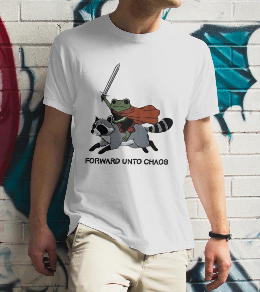 Embroidered Sword Wielding Frog Riding Raccoon Forward Unto Chaos T-Shirt