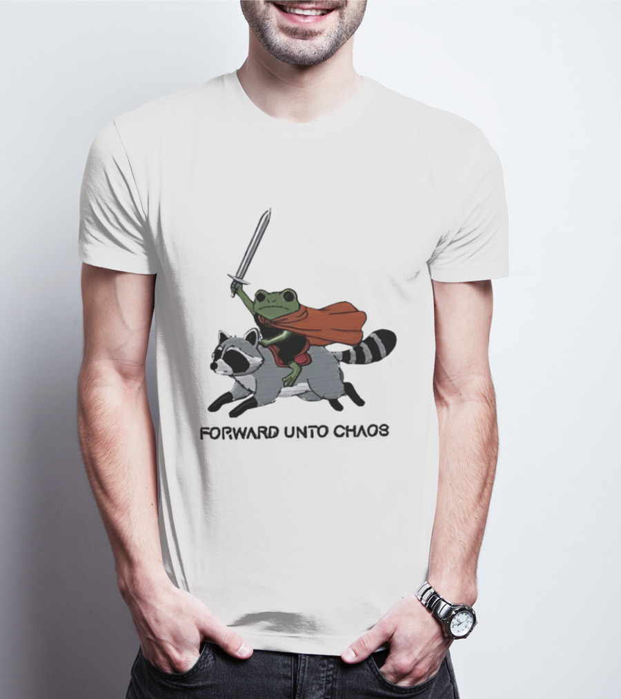 Embroidered Sword Wielding Frog Riding Raccoon Forward Unto Chaos T-Shirt